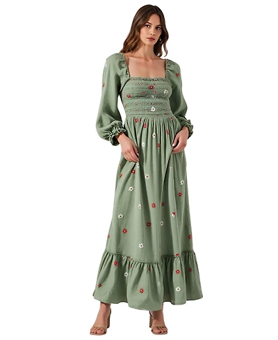 Modenaire Women's Floral-Embroidered Smocked Tiered Maxi Dress