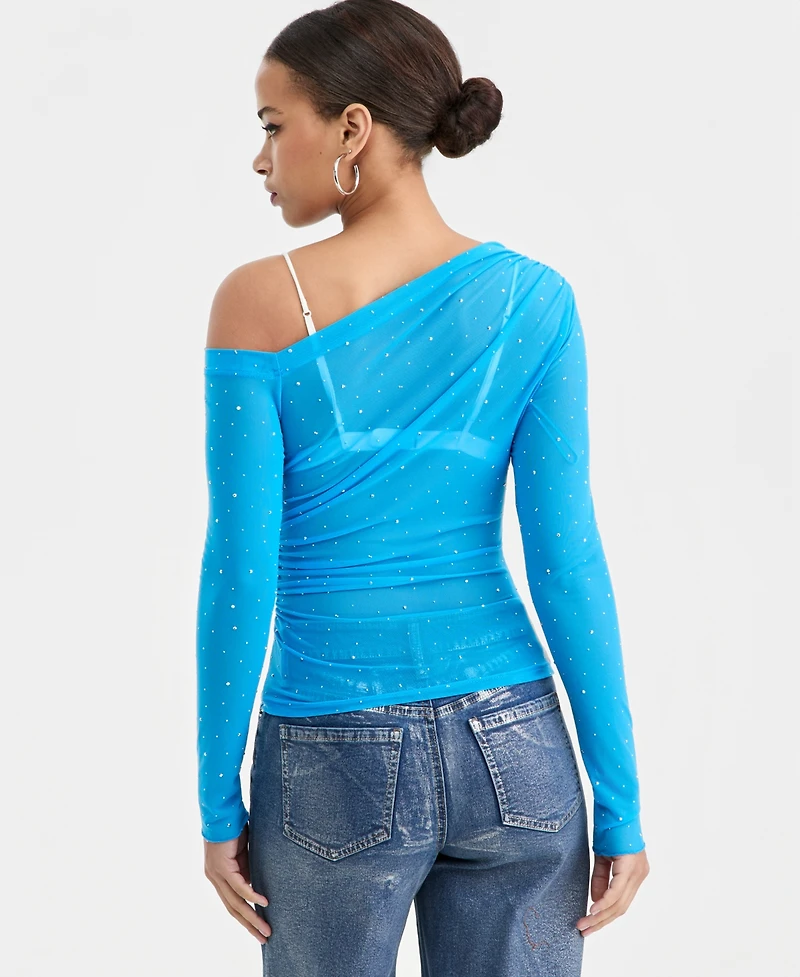 Bar Iii Women's Asymmetric Embellished Mesh Top, Macy's Exclusive