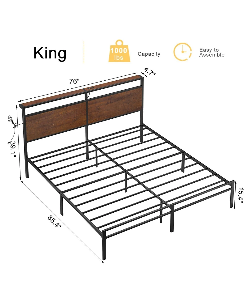 Hausource Industrial King Size Bed Frame with Storage Led Headboard, Charging Station, No Box Spring Needed