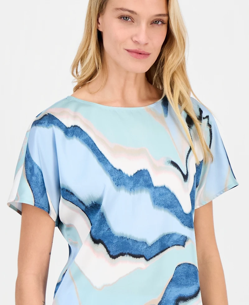 Anne Klein Women's Printed Boat-Neck Short-Sleeve Top