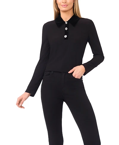 CeCe Women's Mix Media Collared Neck Long Sleeve Top