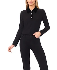 CeCe Women's Mix Media Collared Neck Long Sleeve Top