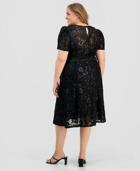 Tahari Asl Plus Puff-Sleeve Burnout Midi Dress
