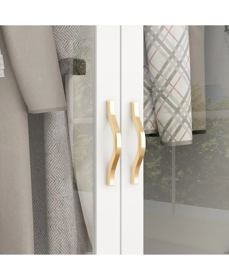 Tempered Glass Doors Armoires Wardrobe with Hanging Rods, 3-Drawers, Gold handles,Bedroom Closet