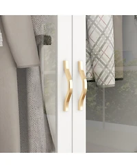 Tempered Glass Doors Armoires Wardrobe with Hanging Rods, 3-Drawers, Gold handles,Bedroom Closet
