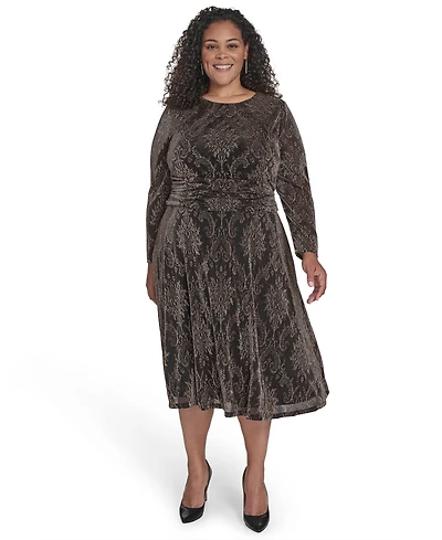 Jessica Howard Plus Size Ruched Waist Jewel Neck Midi Dress