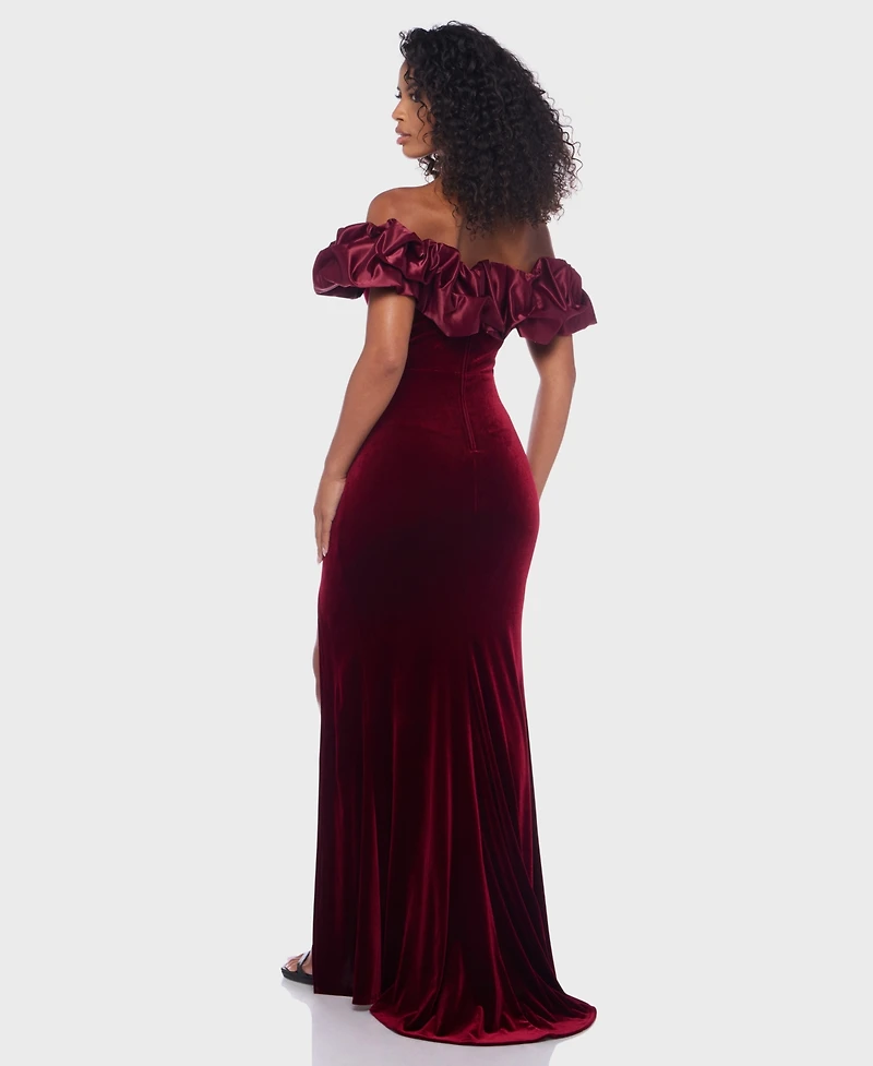 B Darlin Juniors' Velvet Ruffled Off-The-Shoulder Gown