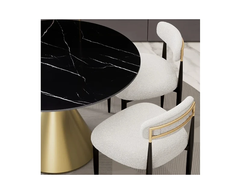 Morden Fort 5 Piece Round 47'' Faux Marble Dining Set Black Table with Beige Boucle Armless Chair