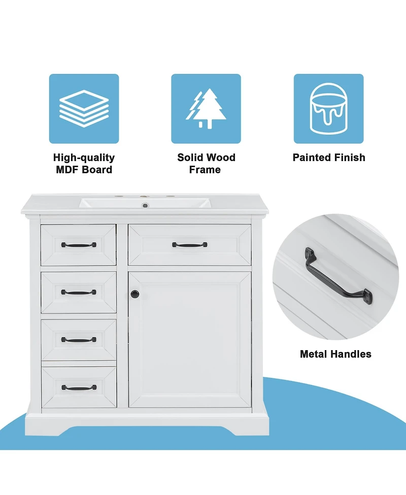 Casainc 36" Bathroom Vanity with Ceramic Sink, 4 Drawers and 1 Soft-Close Door, Freestanding