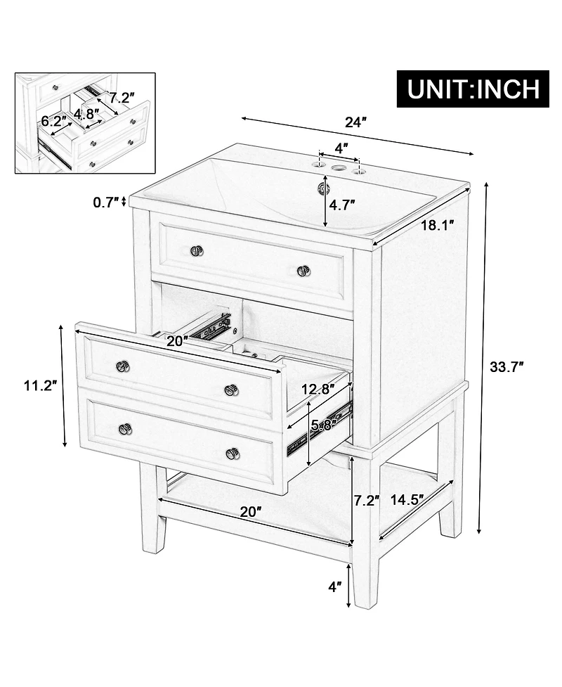 Casainc 24" Bathroom Vanity with Sink, Bathroom Storage Cabinet with Drawer and Open Shelf, Solid Wood Frame
