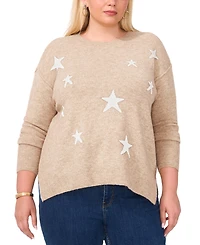 Vince Camuto Plus Cozy Crewneck Star-Print Dropped-Shoulder Sweater
