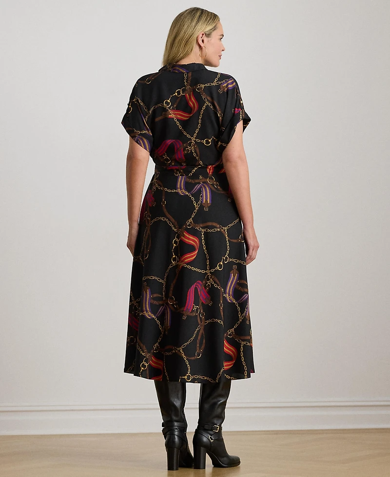 Lauren Ralph Plus Belting-Print Belted Crepe Dress