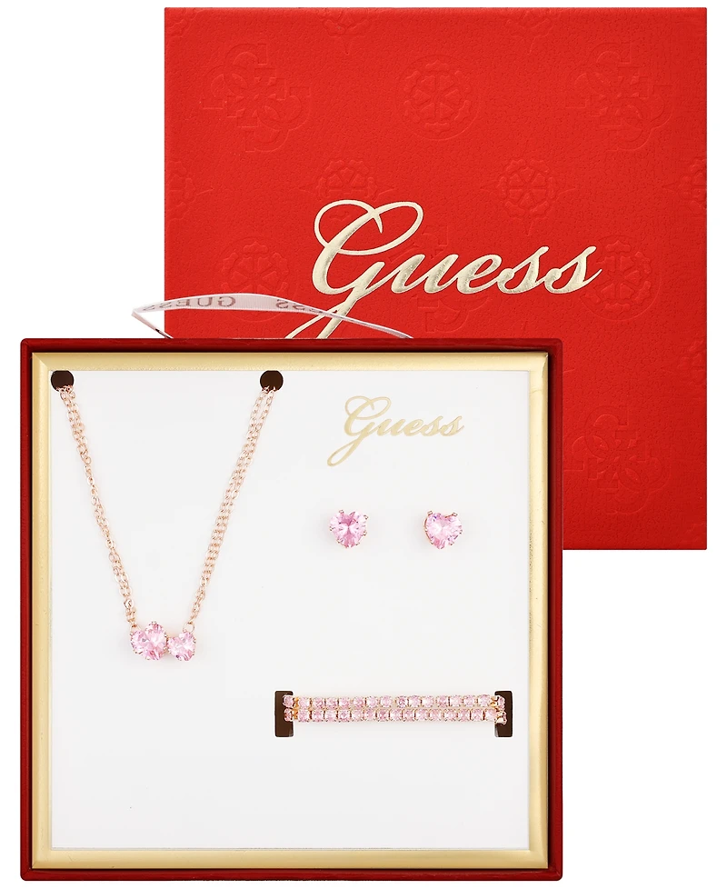 Guess 3-Pc. Cubic Zirconia Gold-Tone Heart Necklace, Stud Earrings, and Bracelet Gift Set