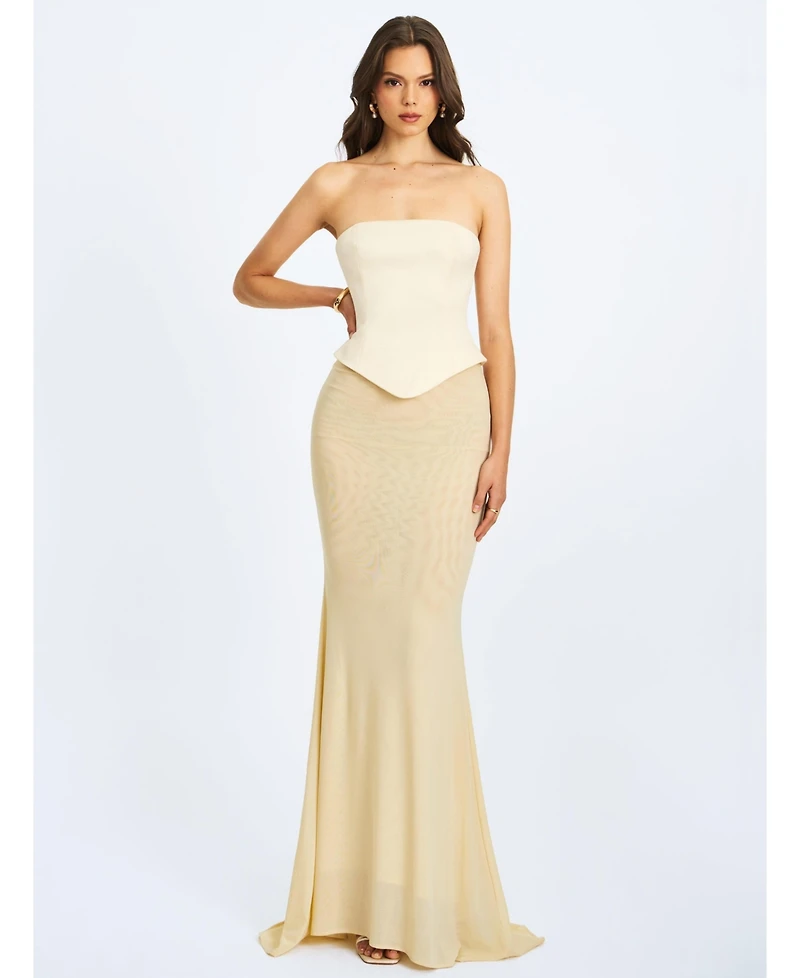 Miss Circle Women's Adelina Butter Yellow Peplum Mermaid Gown with Lace-up Back