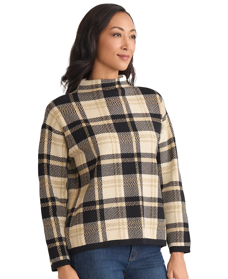 Jones New York Women's Plaid Mock Neck Sweater