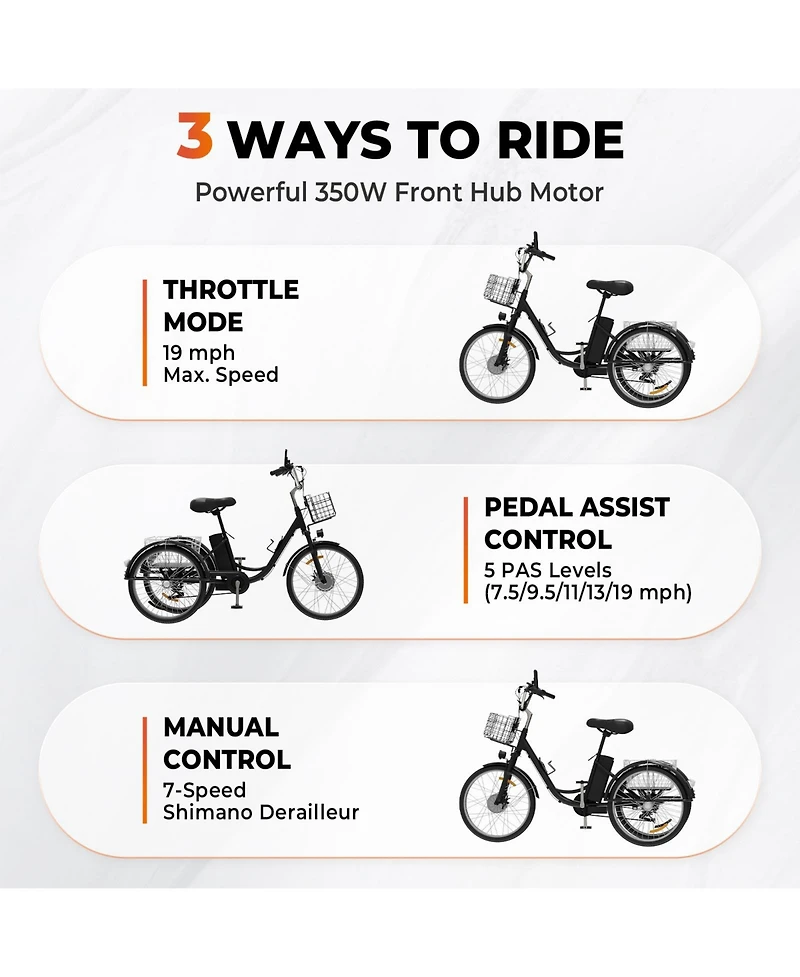 Mikolo Adult Cargo Electric Trike, 24" 3-Wheel Bike with Removable 48V/13Ah Battery, Front & Rear Basket