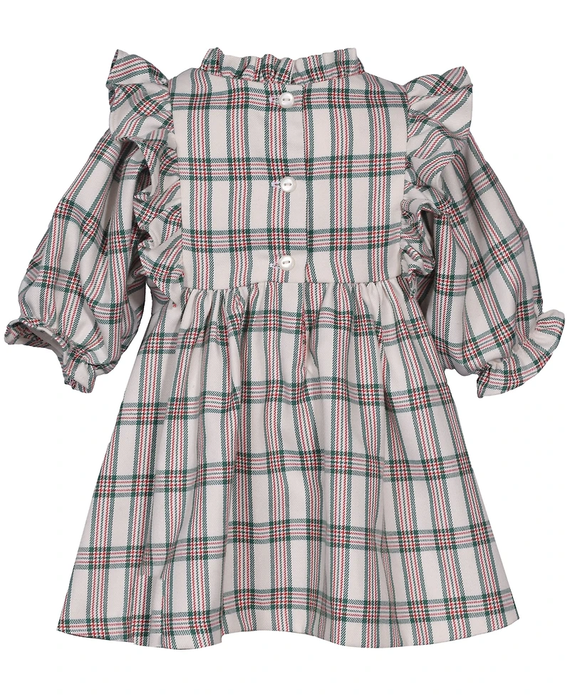 Bonnie Baby Girls 2 Piece Ruffle Neck Smocked Plaid Dress and Panty Set