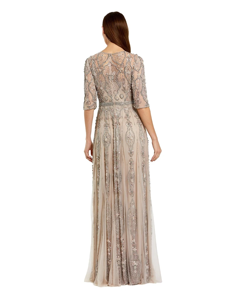 Mac Duggal Women's Beige 3/4 Sleeve Embellished A-line Gown