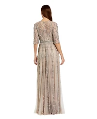 Mac Duggal Women's Beige 3/4 Sleeve Embellished A-line Gown
