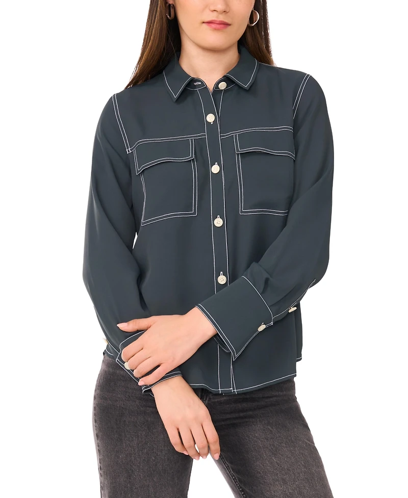 Vince Camuto Women's Contrast Stitch Button Front Collared Top