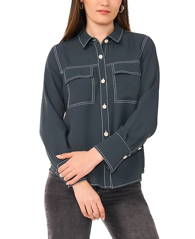 Vince Camuto Women's Contrast Stitch Button Front Collared Top