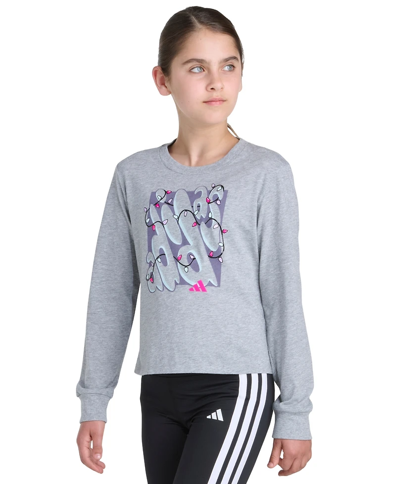 Adidas Big Girls 8-16 Long-Sleeve Regular-Fit Heather Logo Graphic T-Shirt