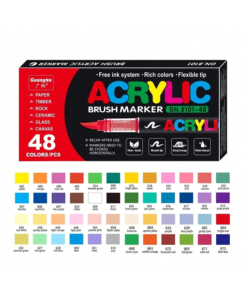 Htutwoo 48 Colors Acrylic Paint Pens, Soft Brush Tip Paint Markers, Quick-Drying Waterproof Acrylic Markers for Canvas, Fabric Painting, Diy Crafts