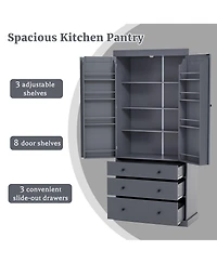 77inch Freestanding Tall Cupboard Storage Cabinet with 3 Adjustable Shelves 8 Door Shelves and 3 Drawers