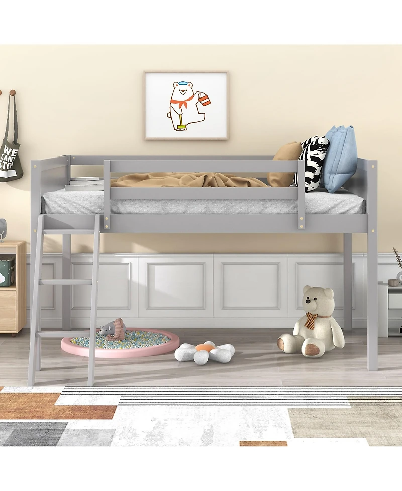 Twin Wood Low Loft Bed with Ladder, ladder can be placed on the left or right