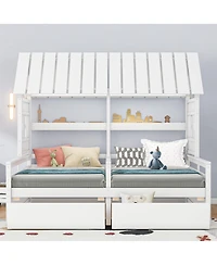 Twin House Platform Beds with Two Drawers for Boy and Girl Shared Beds, Combination of 2 Side by