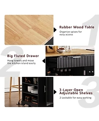 Casainc Fluted Kitchen Island with Trash Can Cabinet, Power Outlet, 3 Drawers, Open Racks, Fits 10 Gallon Bin, Wheels