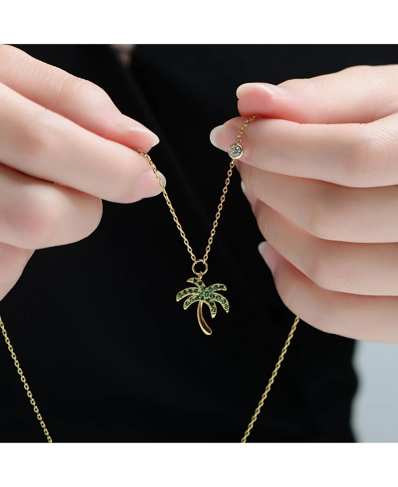 Rachel Glauber 14K Gold Plated with Green Cubic Zirconia Palm Shaped Drop Necklace