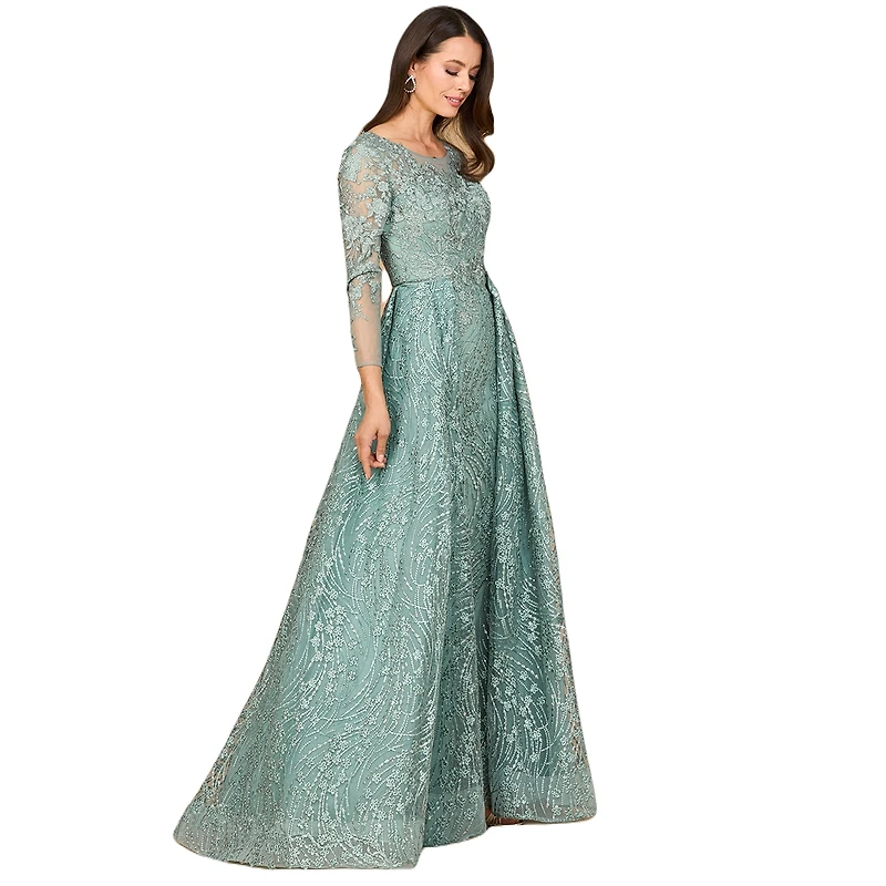 Lara Women's Long Sleeve Gown with Overskirt & Illusion Neckline