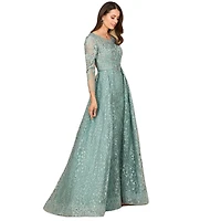 Lara Women's Long Sleeve Gown with Overskirt & Illusion Neckline