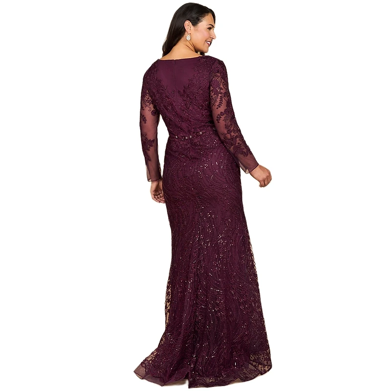 Lara Women's Long Sleeve Gown with Overskirt & Illusion Neckline