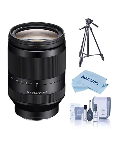 Sony Fe 24-240mm f/3.5-6.3 Oss Lens for Sony E, Bundle with Slik U8800L 3-Section Aluminum Tripod with Hybrid 3-Way Pan Head, Cleaning Kit, Cleaning