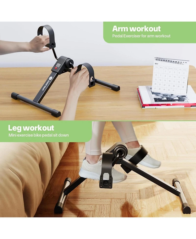 DeerRun Under Desk Bike Portable peddler with adjustable resistance for arm/leg workouts. Features an Lcd monitor, calorie tracker, and folding desig