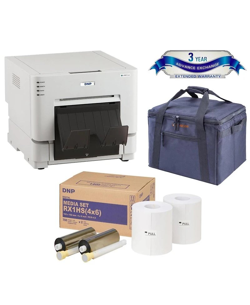 Dnp Dnp Ds-RX1HS Compact Event Photo Booth Portrait Printer Essential Bundle with Dnp Print Media 4x6-inch, 2 Rolls + Slinger Padded Printer Carrying