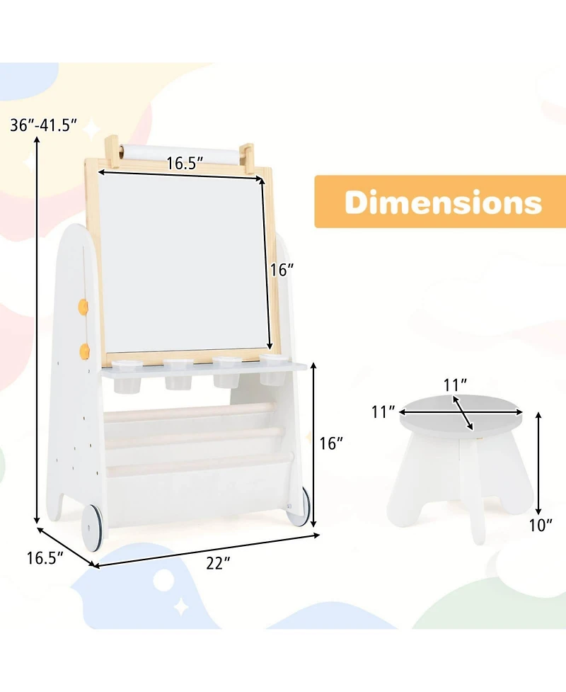 4-in-1 Kids Art Easel with Stool Magnetic Whiteboard Chalkboard & Paper Roll