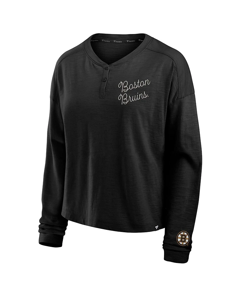 Fanatics Women's Black Boston Bruins Oversized All Out Effort Long Sleeve Henley T-Shirt