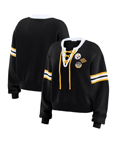 Wear by Erin Andrews Women's Black Pittsburgh Steelers Lace-Up Pullover Sweatshirt