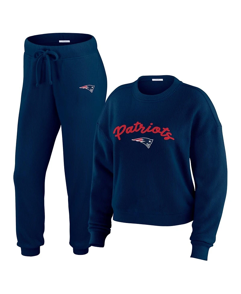 Wear by Erin Andrews Women's 2-Piece Cream New England Patriots Plus Size Knitted Tri-Blend Long Sleeve T-Shirt and Pants Lounge Set