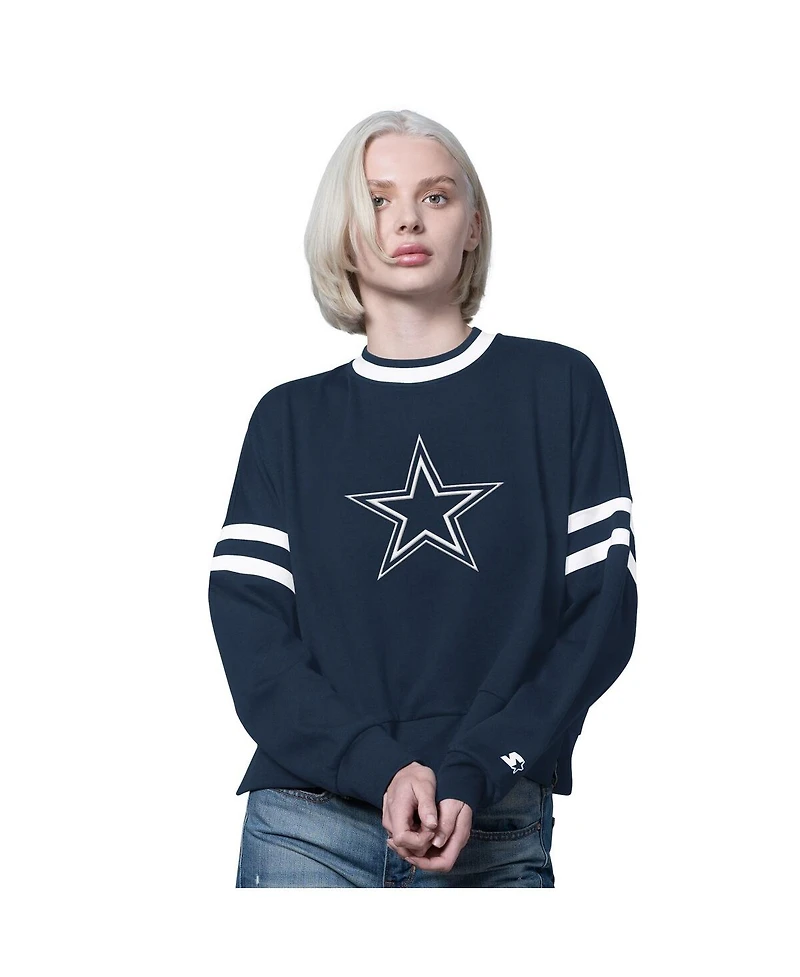 Starter Women's Navy Dallas Cowboys Rally Drop Shoulder Cropped Sweatshirt