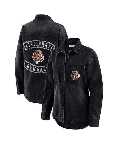 Wear by Erin Andrews Women's Black Cincinnati Bengals Washed Oversized Denim Full-Snap Shacket