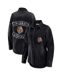 Wear by Erin Andrews Women's Black Cincinnati Bengals Washed Oversized Denim Full-Snap Shacket