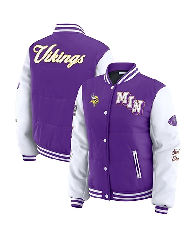 Wear by Erin Andrews Women's Purple Minnesota Vikings Varsity Full-Snap Puffer Jacket