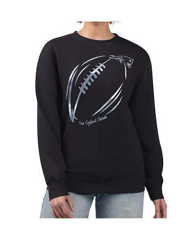 G-iii 4Her by Carl Banks Women's Black New England Patriots Metallic Print Football Sketch Fleece Crewneck Sweatshirt