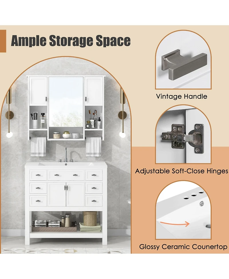 Casainc 36'' Bathroom Vanity with Top Sink, Mirror Cabinet with Towel Bar, 2 Doors & 6 Drawers