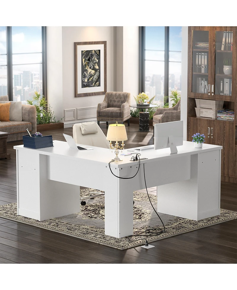 L Shaped Desk with Charging Station, Computer Workstation File Cabinet and Drawers for Office
