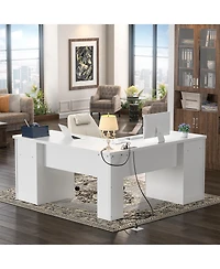 L Shaped Desk with Charging Station, Computer Workstation File Cabinet and Drawers for Office